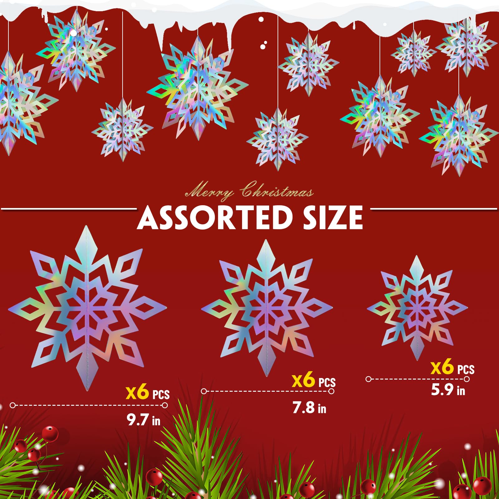 Crafare 18Pcs Christmas Hanging Holographic Snowflake Ornamnets 3D Paper Snowflakes Garland Sparkly 3 Size For Winter Wonderland